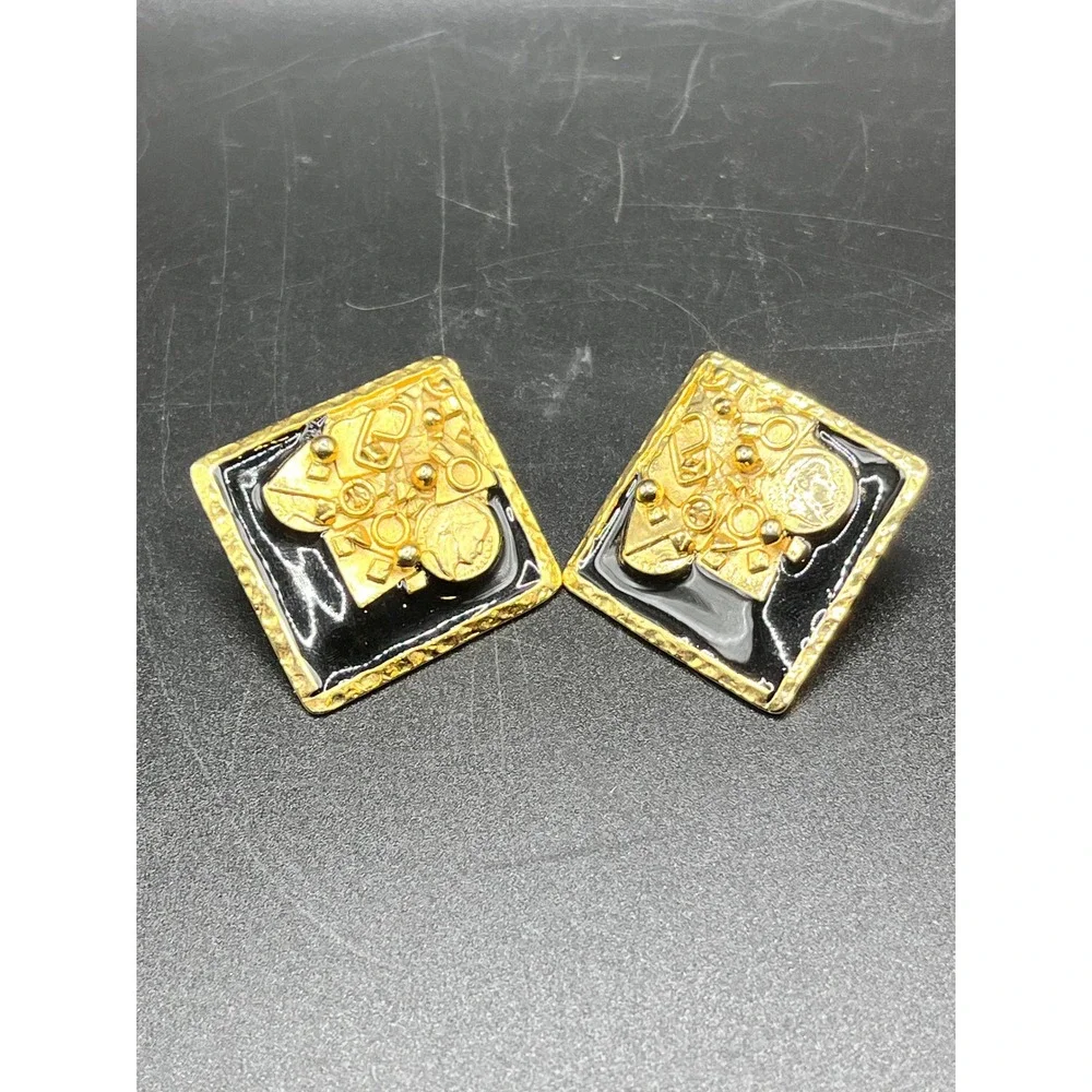 Rosecraft Gold Tone Square Black Enamel Coin Motif Stud Earrings Jewelry Vtg